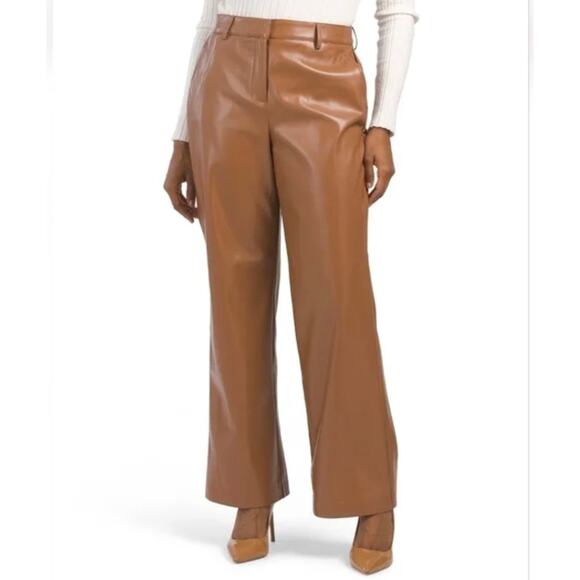 Rachel Zoe women's 8𝅺 High Rise carmel tan Straight  Leg Faux Leather Pants NEW - Picture 1 of 8